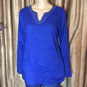 Embellished V-Notch Long-Sleeve Tunic in Cobalt Blue